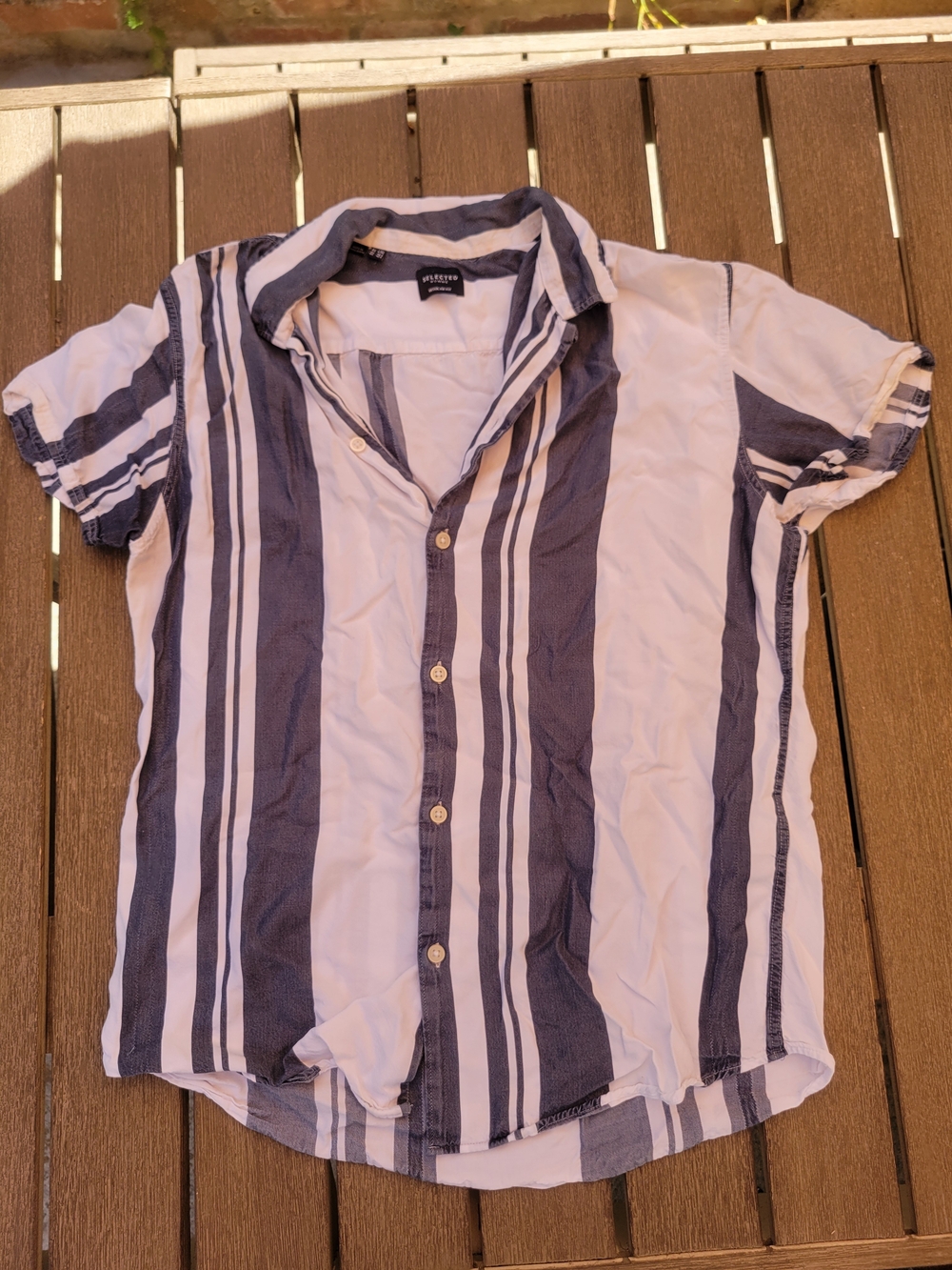 Selected Homme - Men’s Short Sleeve Vertical Stripe Shirt - White & Navy
